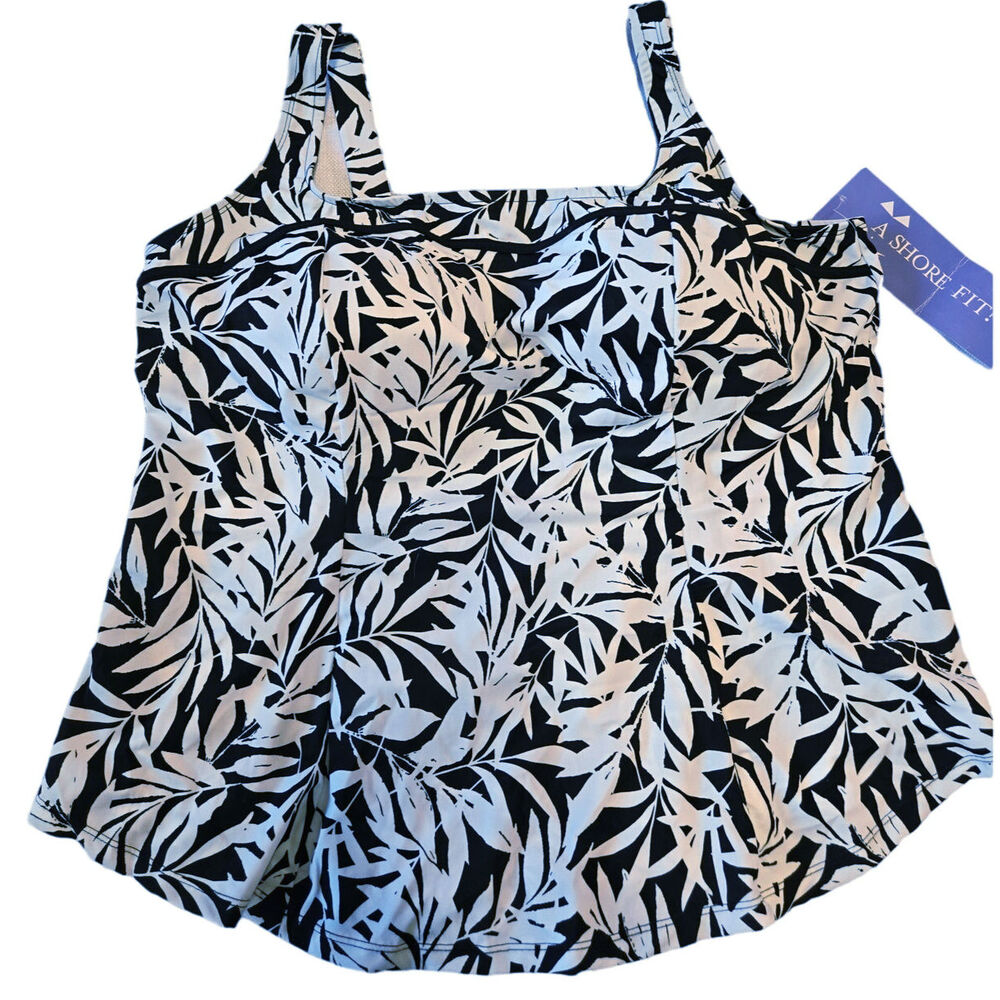 A SHORE FIT Black White Leaf Print Tankini Size 22W